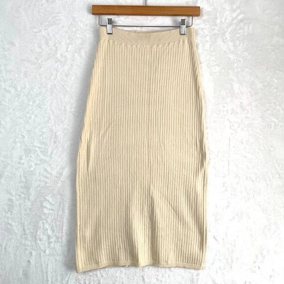 Free People Skyline Skirt Womens M Cream Ribbed Knit Midi Stretch - Picture 3 of 9